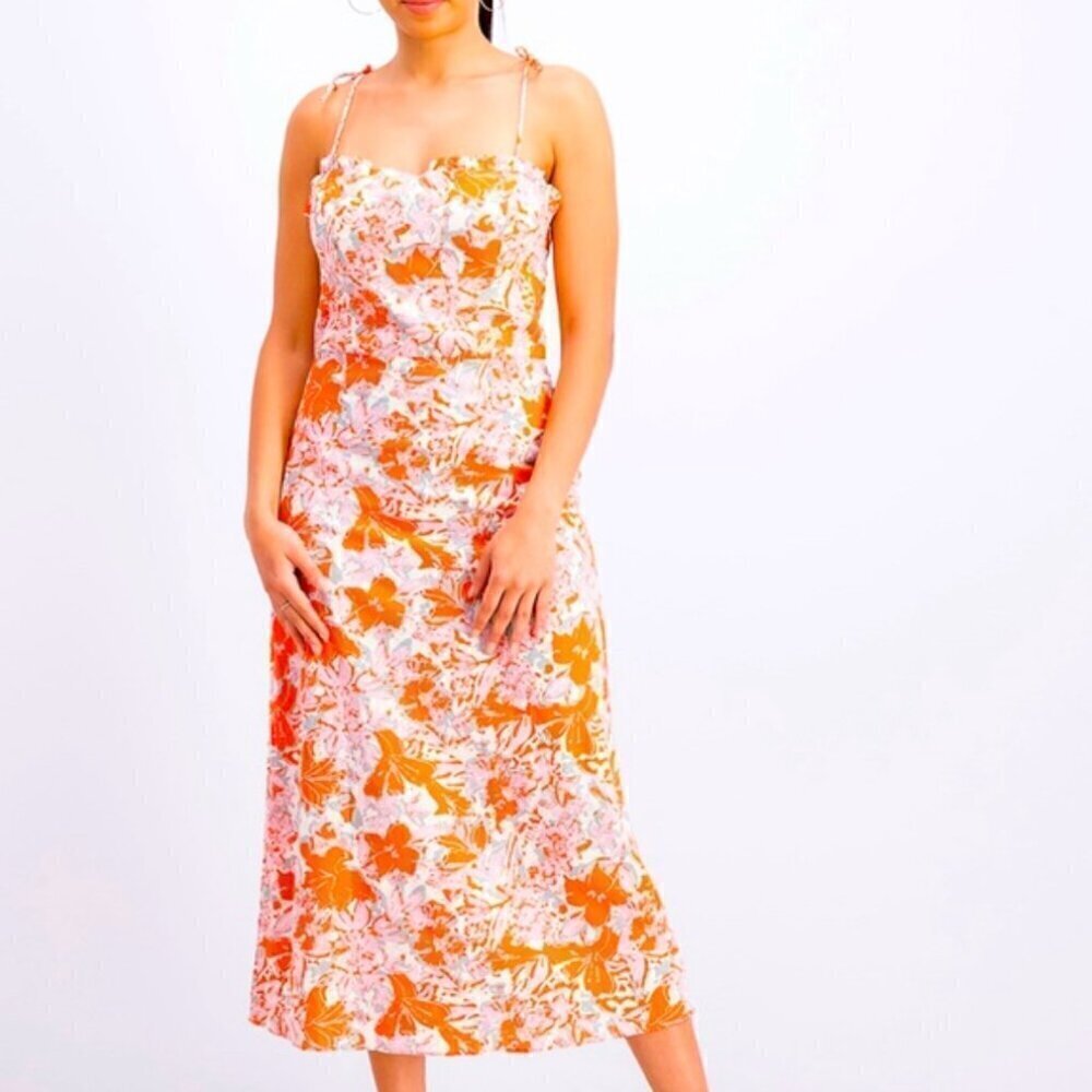 Free People Dress 8 NWOT Beach Party Shoulder Midi Linen Orange Floral Summer - Picture 2 of 12